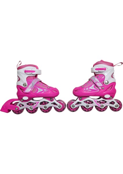 Çocuk Pateni Işıklı Çantalı Numara Ayarlanabilen Tek Sıra ve 2+1+1 Teker Paten Pembe Small 30-33