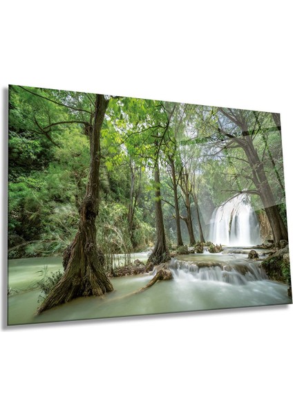 Şelale ve Orman Manzarası Yatay Cam Tablo, Ev ve Ofis Duvar Dekoru, Lüks Hediyelik