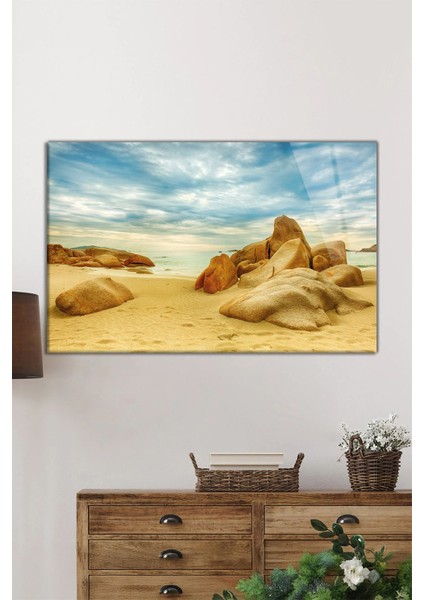 Kumsalda Kayalar Yatay Cam Tablo, Doğa Manzarası, Ev ve Ofis Duvar Dekoru, Lüks Hediyelik fiyatları