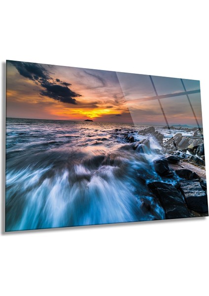Sonsuz Deniz Manzarası Yatay Cam Tablo, Ev ve Ofis Duvar Dekoru, Lüks Hediyelik