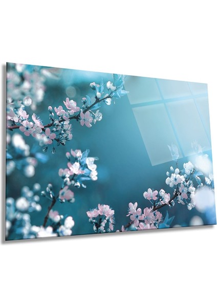 Beyaz Bahar Çiçekleri Yatay Cam Tablo, Doğa, Ev ve Ofis Duvar Dekoru, Lüks Hediyelik