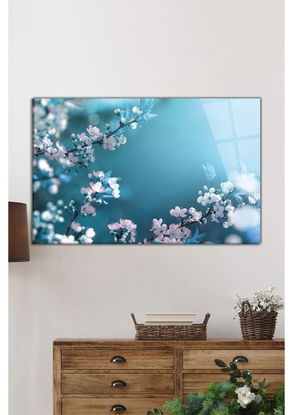 Beyaz Bahar Çiçekleri Yatay Cam Tablo, Doğa, Ev ve Ofis Duvar Dekoru, Lüks Hediyelik fiyatları