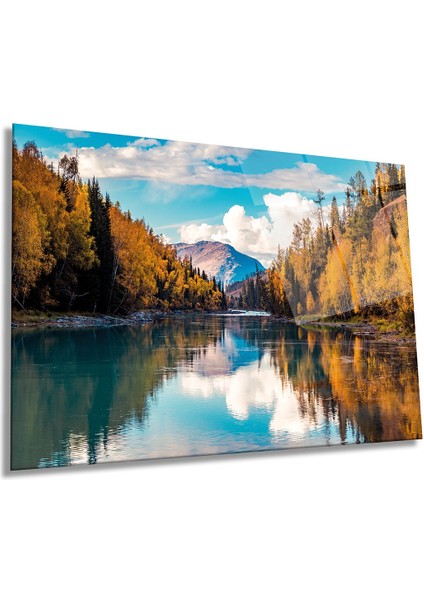 Sonbahar Tabiat Manzarası Yatay Cam Tablo, Ev ve Ofis Duvar Dekoru, Lüks Hediyelik