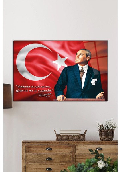 Türk Bayrağı ve Atatürk Yatay Cam Tablo, Vatanını En Çok Seven Görevini En Iyi Yapandır, Hediyelik fiyatları