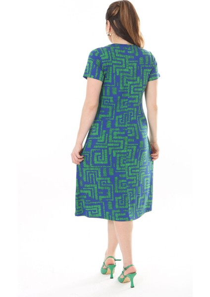 Kadın Mavi Yeşil Labirent Desen Midi Elbise