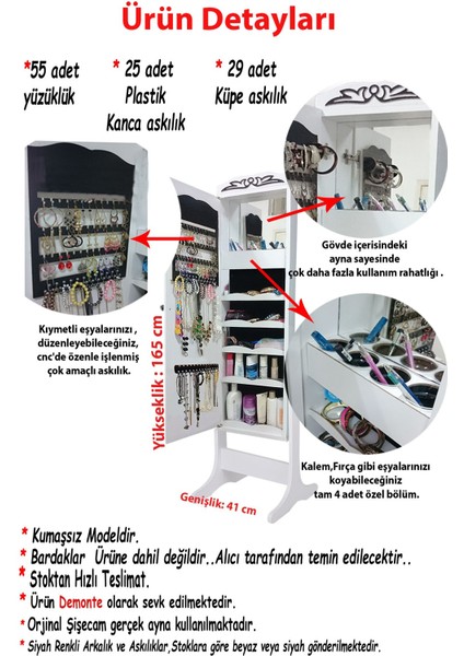 Yakut - Demonte - Çok Amaçlı - Ayaklı - Aynalı Hediyelik Takı Dolabı - Beyaz fırsatları