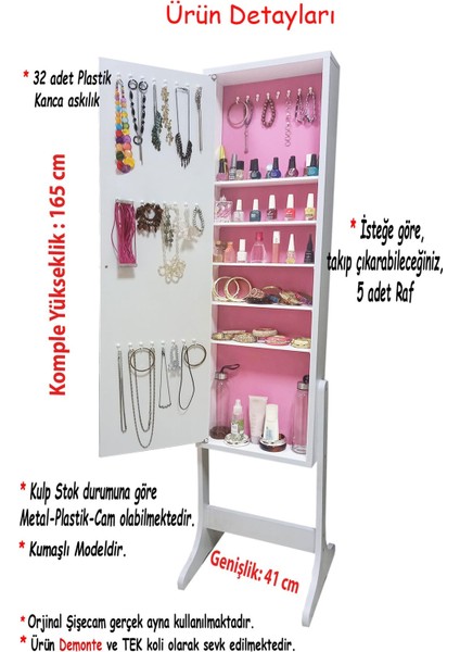 Yıldız -Yk- Demonte Ayaklı Aynalı Takı Dolabı Hediyelik Çok Amaçlı G-Beyaz K-Pembe modelleri