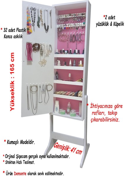 Number One -Yk- Demonte Ayaklı Aynalı Takı Dolabı Hediyelik Çok Amaçlı G-Beyaz K-Pembe modelleri
