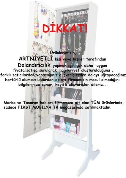 - Number One - Demonte - Çok Amaçlı - Ayaklı - Aynalı Hediyelik Takı Dolabı - Beyaz