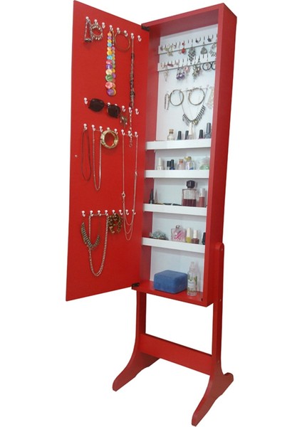 Number One - Demonte - Çok Amaçlı - Ayaklı - Aynalı Hediyelik Çok Amaçlı Takı Dolabı - Kırmızı