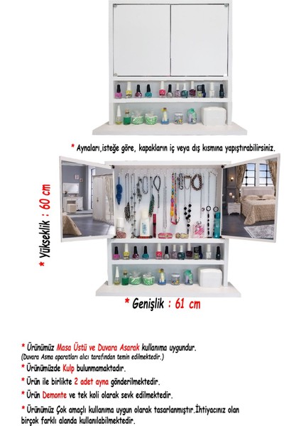 Karanfil 2k - Aynalı Çok Amaçlı Aksesuar Anahtarlık - Askılık Hediyelik Takı Dolabı - Beyaz modelleri