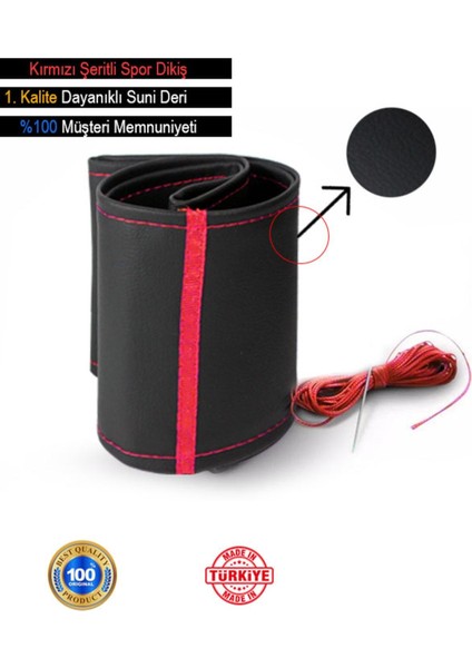 Renault Clio Yeni Süper Deri Direksiyon Kılıfı, Kırmızı Şeritli Spor Dikiş