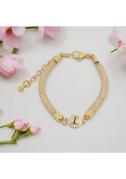 Altın Plakalı 14 Ayar L Harfine Özel Hasır Kordonlu Yuvarlak Motifli Hediye BILEKLIK-404HARF