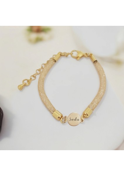 Altın Plakalı 14 Ayar Seda Ismine Özel Hasır Kordonlu Yuvarlak Motifli Hediye BILEKLIK-404ISIM