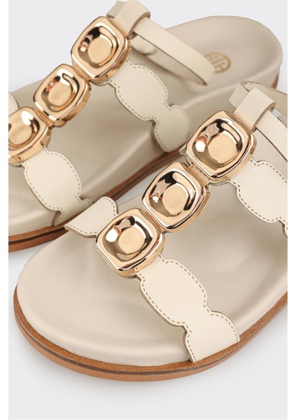 Ekru Deri Kadın Sandalet