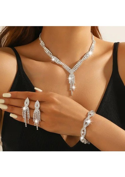 Şık 3 Parça Takı Seti, Parlayan Taşlarla Kolye Bilezik Küpe Set, Düğünler ve Resmi Etkinlikler Için