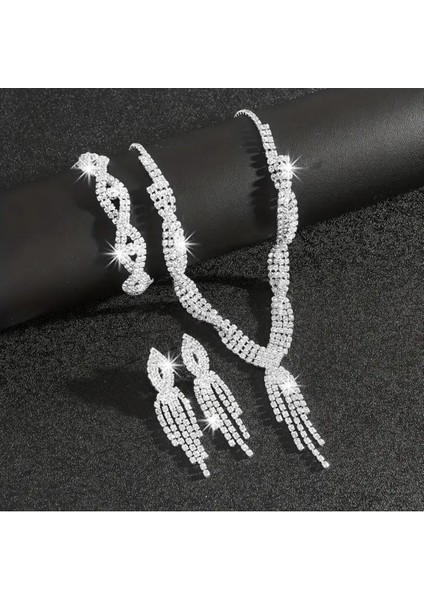 Şık 3 Parça Takı Seti, Parlayan Taşlarla Kolye Bilezik Küpe Set, Düğünler ve Resmi Etkinlikler Için fiyatları