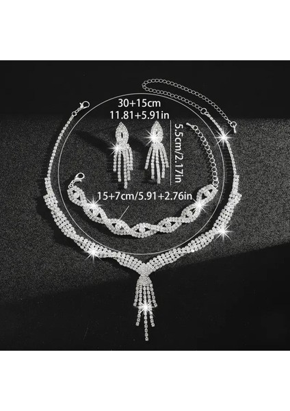 Şık 3 Parça Takı Seti, Parlayan Taşlarla Kolye Bilezik Küpe Set, Düğünler ve Resmi Etkinlikler Için modelleri