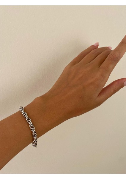 Iç Içe Geçmeli Oval Silver Çelik Bileklik