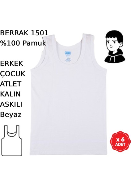 Erkek Çocuk Askılı Atlet Beyaz 6 Adet Pamuk Penye Esnek Ribana indirimleri