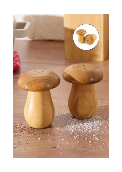 Doğal Bambu Mantar Görünümlü 2'li Tuzluk ve Biberlik Seti - 8 cm Akasya ve Bambu Karışımı Şık Baharatlık Takımı fiyatları