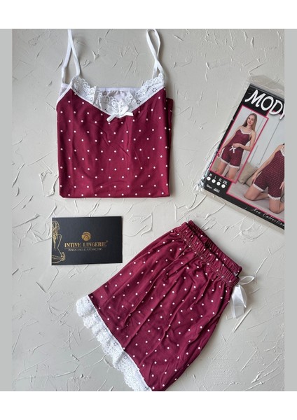 Intive Dantel Detaylı Yumuşacık Bordo Puantiye Desenli Askılı Bluz Şort Pijama Takımı
