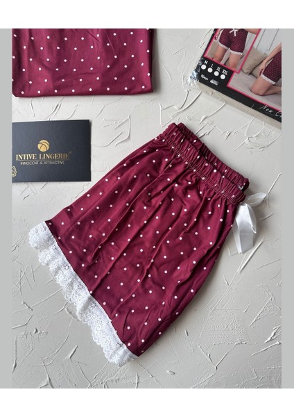 Intive Dantel Detaylı Yumuşacık Bordo Puantiye Desenli Askılı Bluz Şort Pijama Takımı modelleri