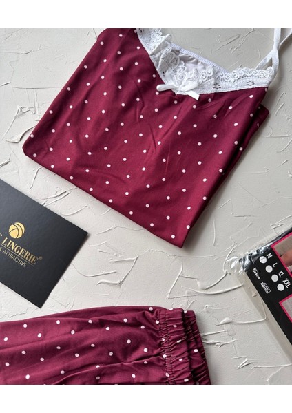 Intive Dantel Detaylı Yumuşacık Bordo Puantiye Desenli Askılı Bluz Şort Pijama Takımı fırsatları