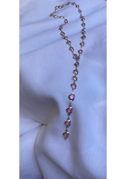 Pembe Renk Kalp Detaylı Gümüş Y Kolye