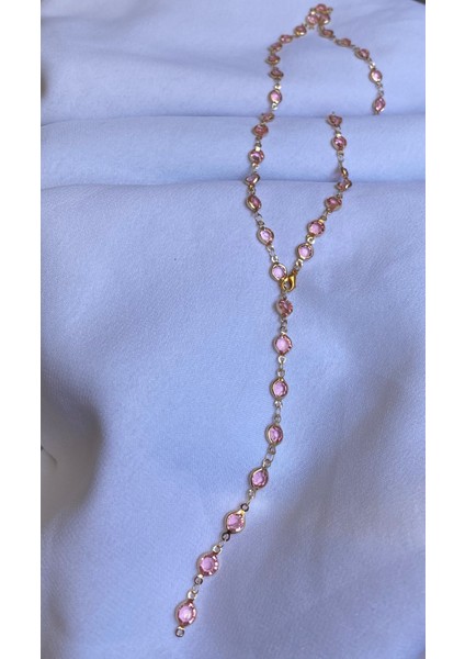 Pembe Taşlı Damla Model Y Kolye