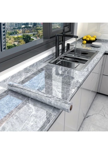 Mermer Desenli Mutfak Duvar Kağıdı Sticker - 5MX60CM Su Geçirmez, Yağa Dayanıklı, Yüksek Sıcaklığa Dayanıklı Tezgah, Dolap, Ocak Yenileme Folyosu T04