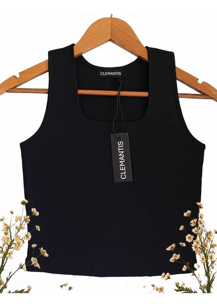 Clemantıs Kadın Kaşkorse Kumaş Askılı Kare Yaka Crop Bluz Düz Renk