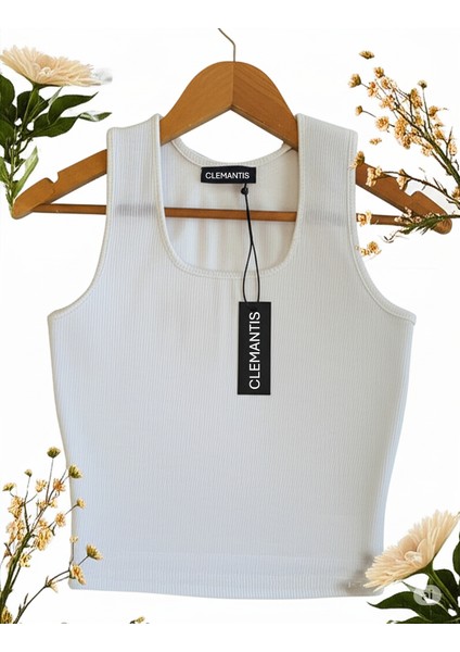 Clemantıs Kadın Kaşkorse Kumaş Askılı Kare Yaka Crop Bluz Düz Renk