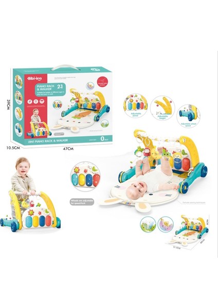 Piyanolu 2 In 1 Bebek Yürüteci ve Tavşan Desenli Mavi Oyun Halısı