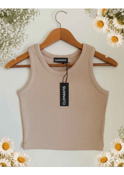Clemantıs Kadın Kaşkorse Kumaş Askılı Crop Bluz Düz Renk