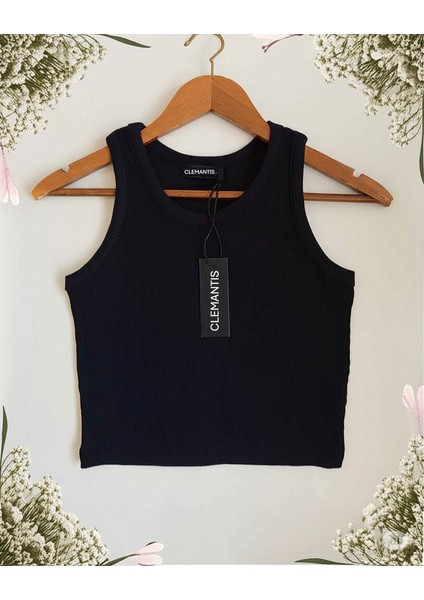 Clemantıs Kadın Kaşkorse Kumaş Askılı Crop Bluz Düz Renk