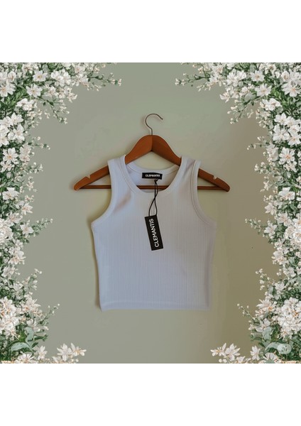 Clemantıs Kadın Kaşkorse Kumaş Askılı Crop Bluz Düz Renk