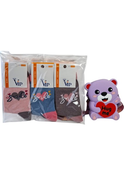 Kız Çocuk Mini Ayıcık Ortası Kalp Figürlü Lila Renk Çanta Vip Model 3 Renk Çorap 4 Lü Set fiyatları