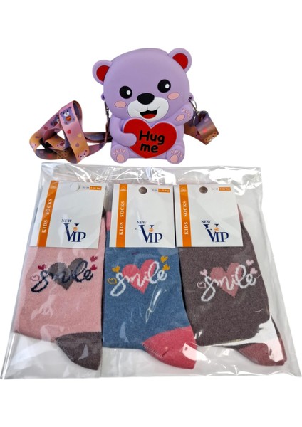 Kız Çocuk Mini Ayıcık Ortası Kalp Figürlü Lila Renk Çanta Vip Model 3 Renk Çorap 4 Lü Set modelleri