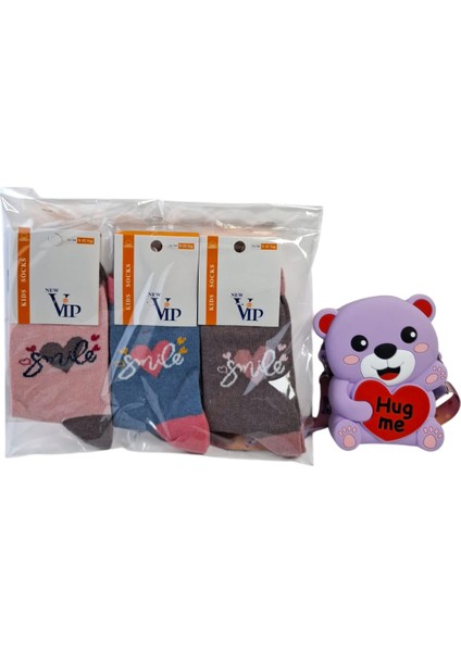 Kız Çocuk Mini Ayıcık Ortası Kalp Figürlü Lila Renk Çanta Vip Model 3 Renk Çorap 4 Lü Set fırsatları