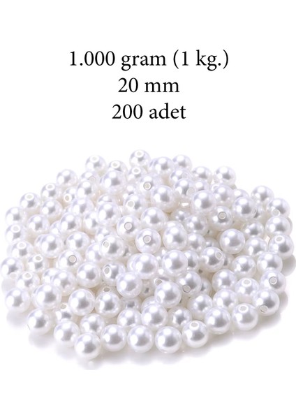 1.000 Gram (1 Kg.) 20MM Beyaz Renk Plastik İnci Boncuk Çanta ve Takı Yapım Boncuğu (~200 Adet)