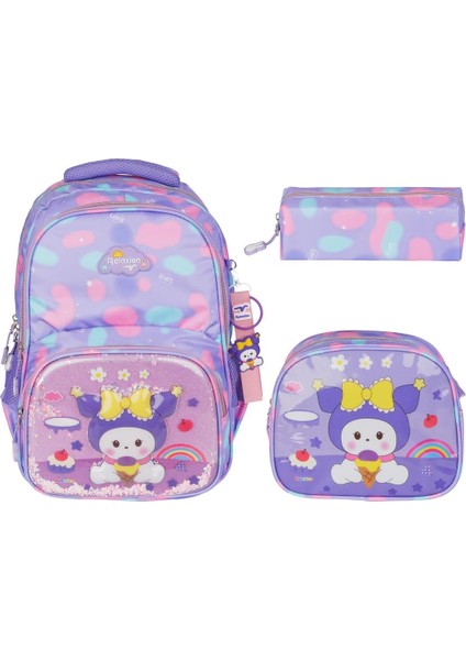 Kız Çocuk Kabartmalı Kuromi Figürlü ve Pullu 3'lü Takım Sırt Çantası Termoslu Beslenme ve Kalmlk