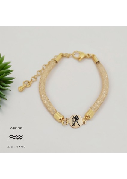Altın Plakalı 14 Ayar Kova Burçları Için Yuvarlak Motifli Hasır Kordonlu Hediye BILEKLIK-404BURÇ
