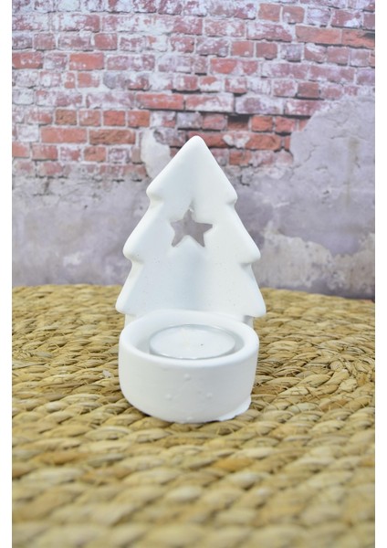 Çam Ağacı Şeklinde Dekoratif Tealight Mumluk Tek Yıldızlı Yıldızlı Taş Tozu Beton Seramik Görünümlü modelleri