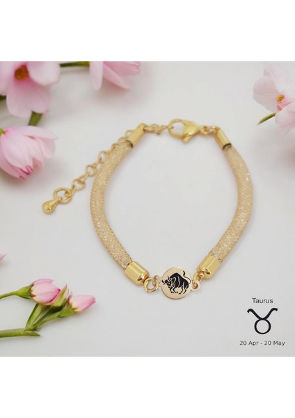 Altın Plakalı 14 Ayar Boğa Burçları Için Yuvarlak Motifli Hasır Kordonlu Hediye BILEKLIK-404BURÇ