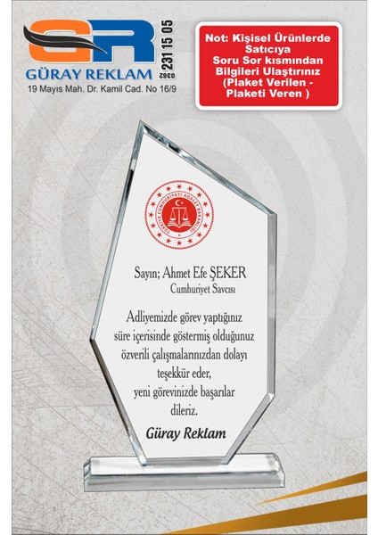 Plaket - Kişiye Özel Plaket - Cam Plaket - Kristal Plaket