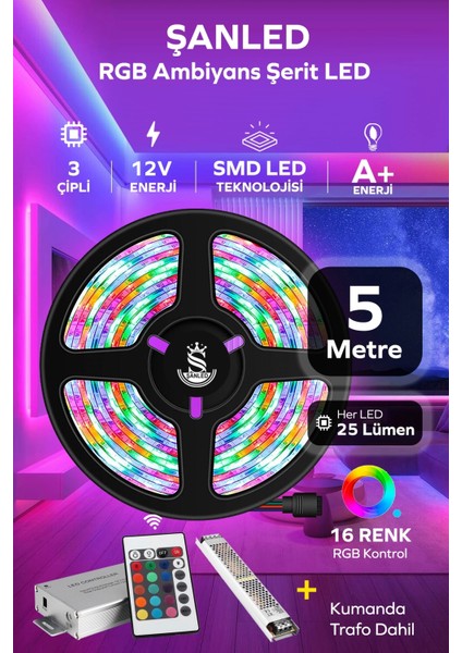 Şerit LED Animasyonlu Kumandalı Trafolu Rgb Şerit Işık Aydınlatma Parti LED 5 Metre
