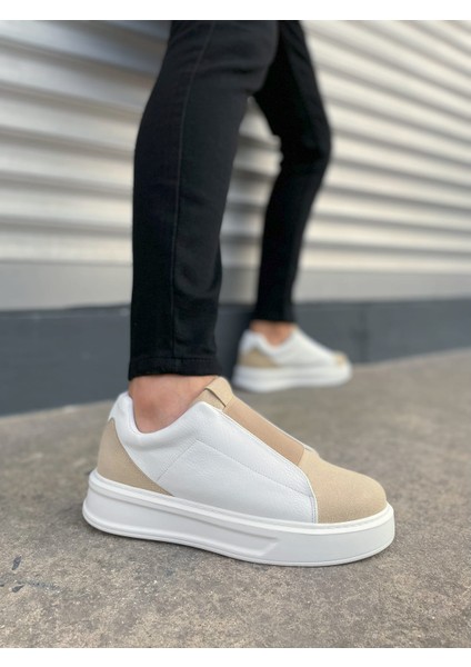 JET-007 Alba Bağcıksız Süet Cilt Erkek Günlük Sneaker Ayakkabı Scbt Bej/beyaz