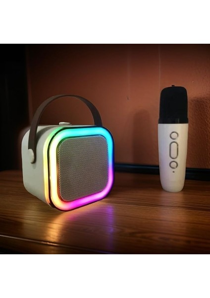 Küçük Boy Rgb Ledli Mikrofonlu Bluetooth Hoparlör Ses Bombası Yüksek Ses Gücü LED Işık Kareoke Bej