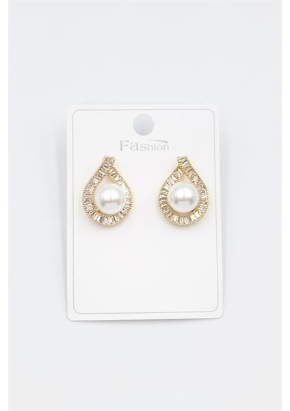 Incili Baget Taşlı Küpe - Altın